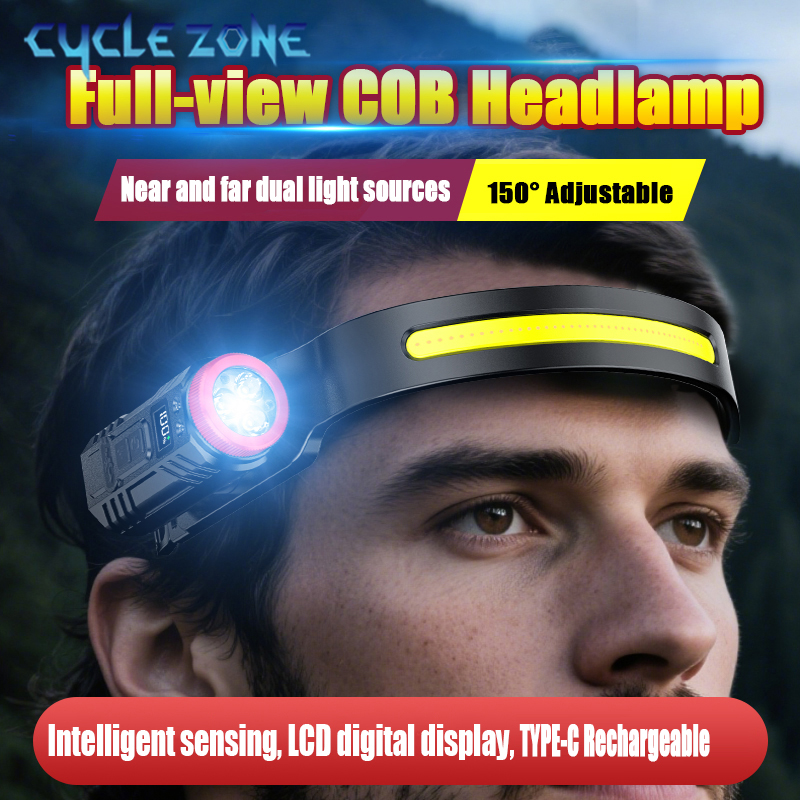 Outdoor Adventure Zone - ไฟหน้าแบบเซ็นเซอร์ตรวจจับความเคลื่อนไหวแบบ COB สองดวง ชาร์จไฟได้ผ่านพอร์ต TYPE-C ไฟฉายคาดศีรษะแบบหมุนได้