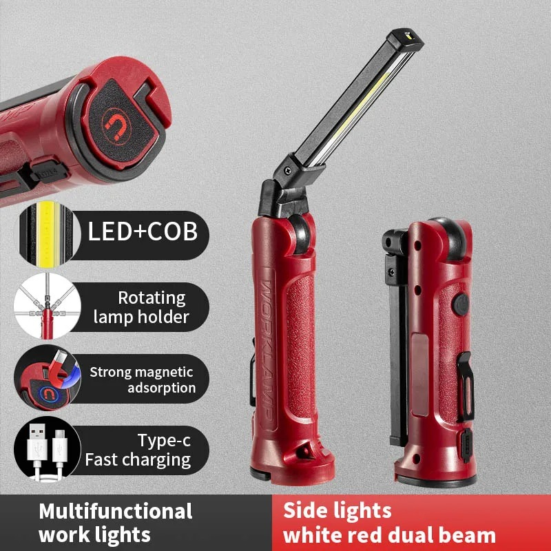 Outdoor Adventurer - COB LED ไฟทำงานแบบชาร์จไฟได้ไฟฉายพับได้กลางแจ้งแคมป์ปิ้งซ่อมรถยนต์โคมไฟแบบพกพาพร้อมตะขอแขวนแม่เหล็ก