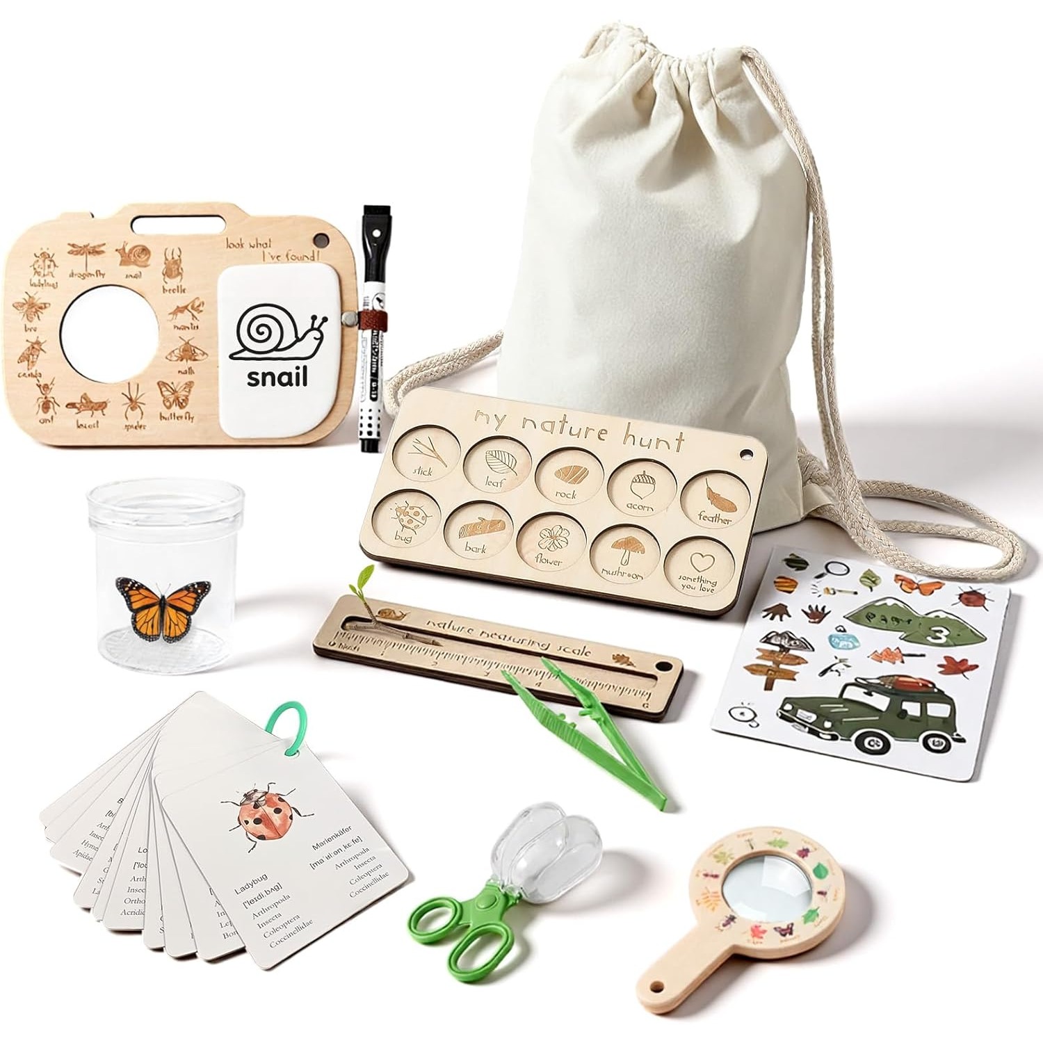 Outdoor Adventure Learning - ชุดจับแมลงสำหรับเด็ก พร้อมกล่องใส่แมลง การ์ดการเรียนรู้ และกระดานสังเกตการณ์ ของเล่นกลางแจ้ง ของขวัญผจญภัยตามล่าหาแมลง